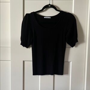 Pink Clover Black Ribbed Puff Sleeve Blouse